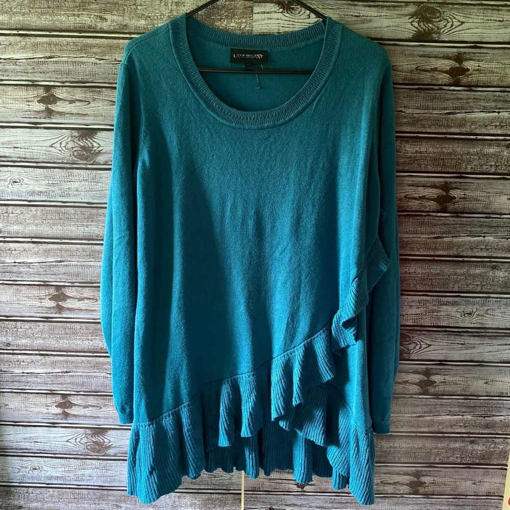 Lane Bryant Women's Long-Sleeved Sweater Size 18/20 Teal Ruffled Pullover NWOT